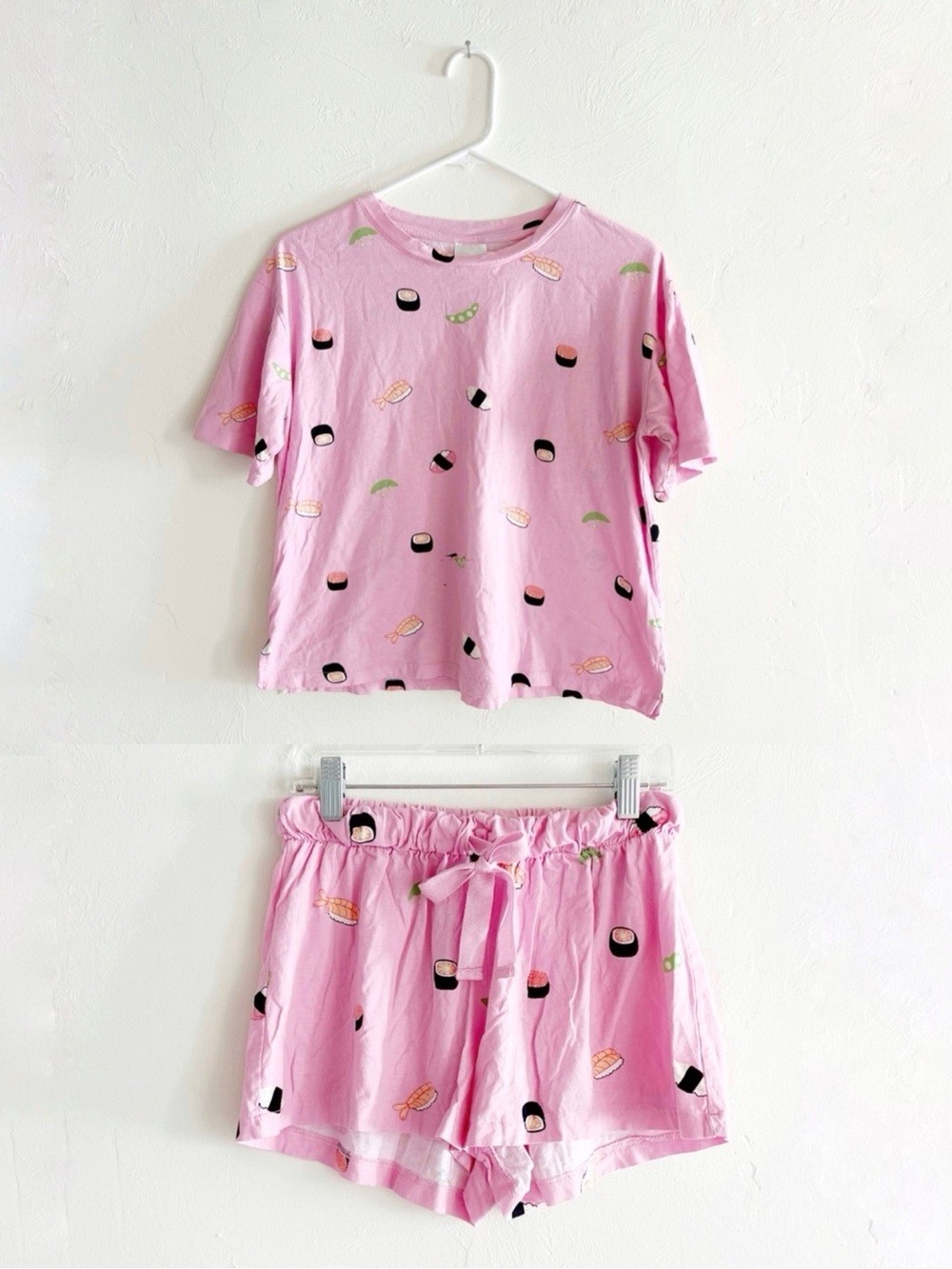H&M Pink Sushi Pajama Set 2pc Matching PJ Sleep Shorts Shirt Tee Novelty Print S